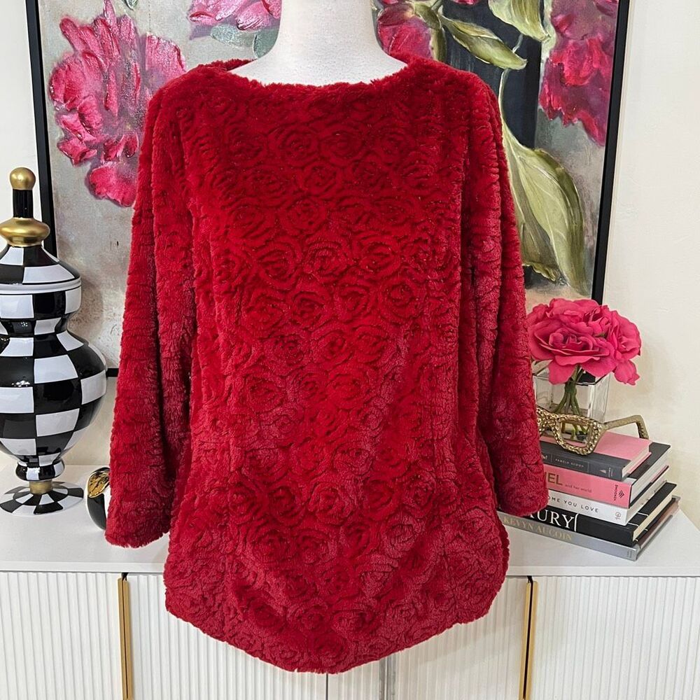 Dennis Basso Sterling Collection Rose Design Lined Faux Fur Top Red Size XS